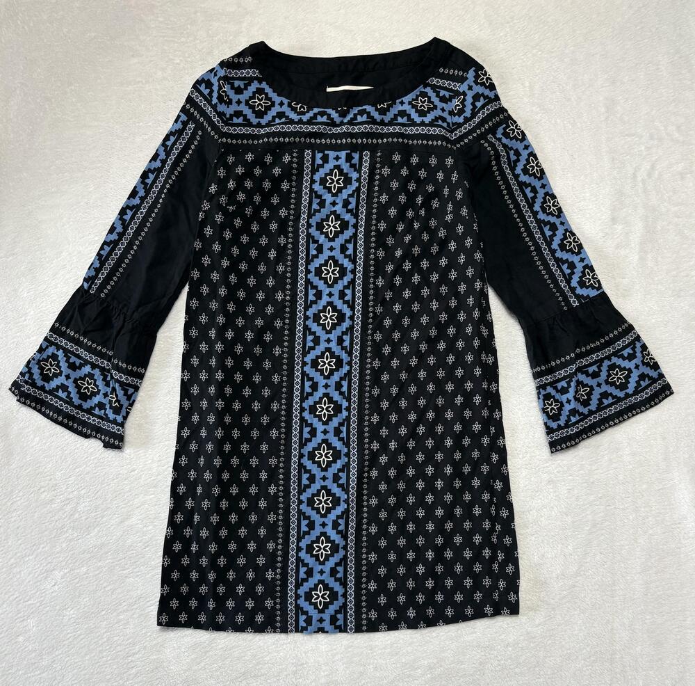 LOFT Dress Womens XS Petite Black Blue Geometric Shift 3/4 Bell Sleeve